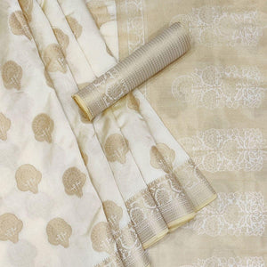 Off-White Festive Wear Woven Raw Silk Saree - Peachmode