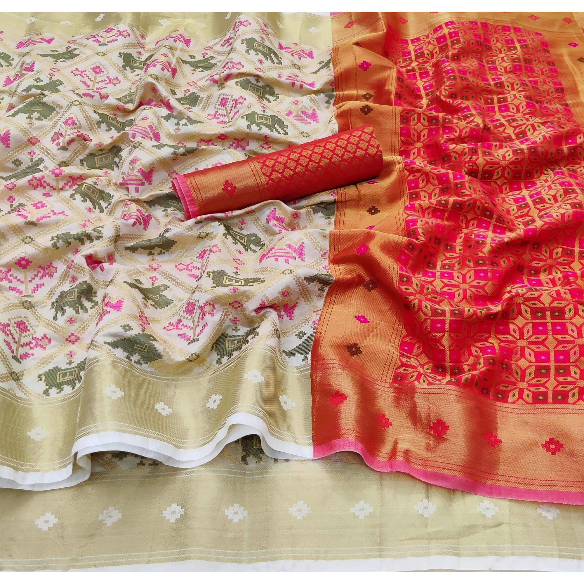 Off White Festive Wear Woven Soft Silk Saree - Peachmode