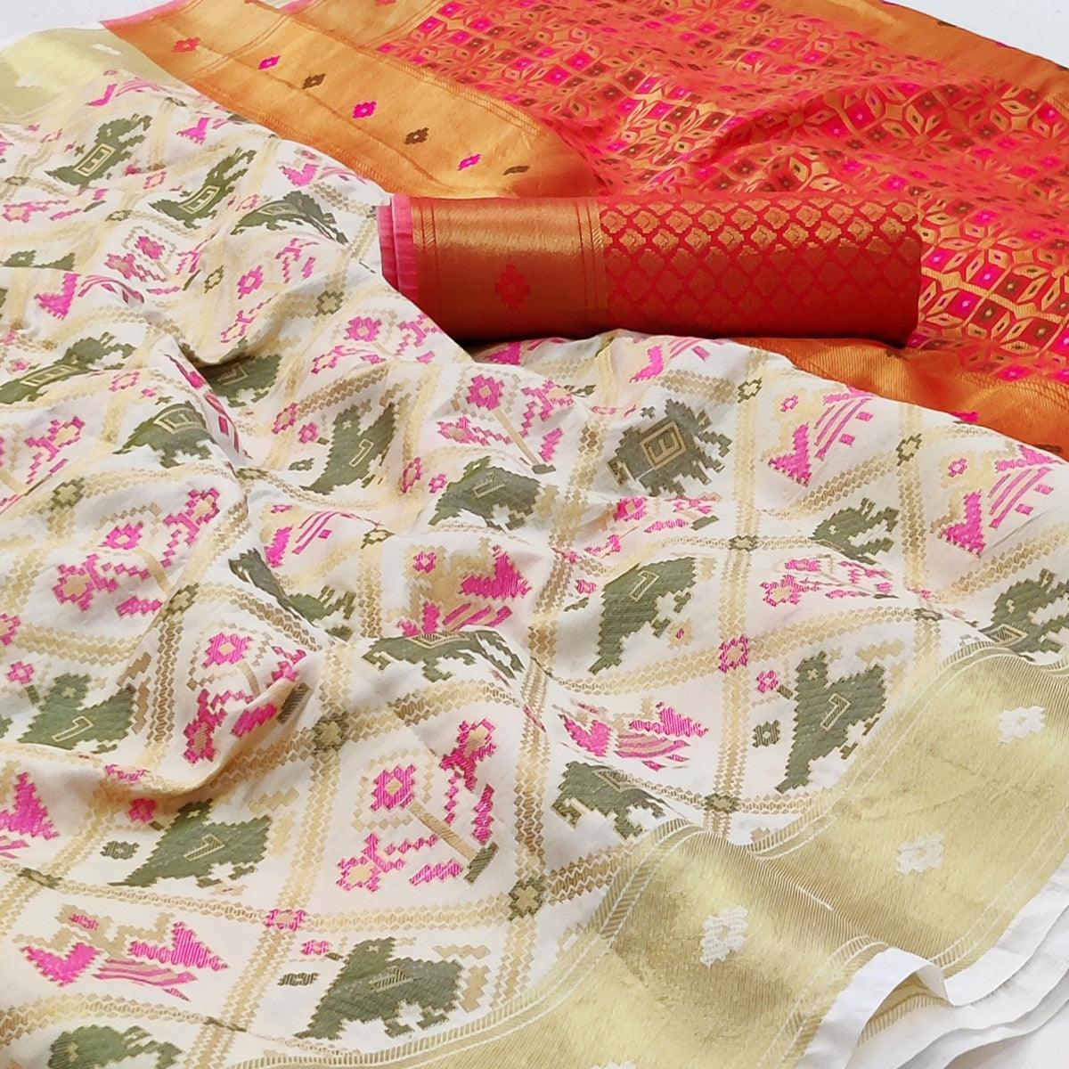 Off White Festive Wear Woven Soft Silk Saree - Peachmode