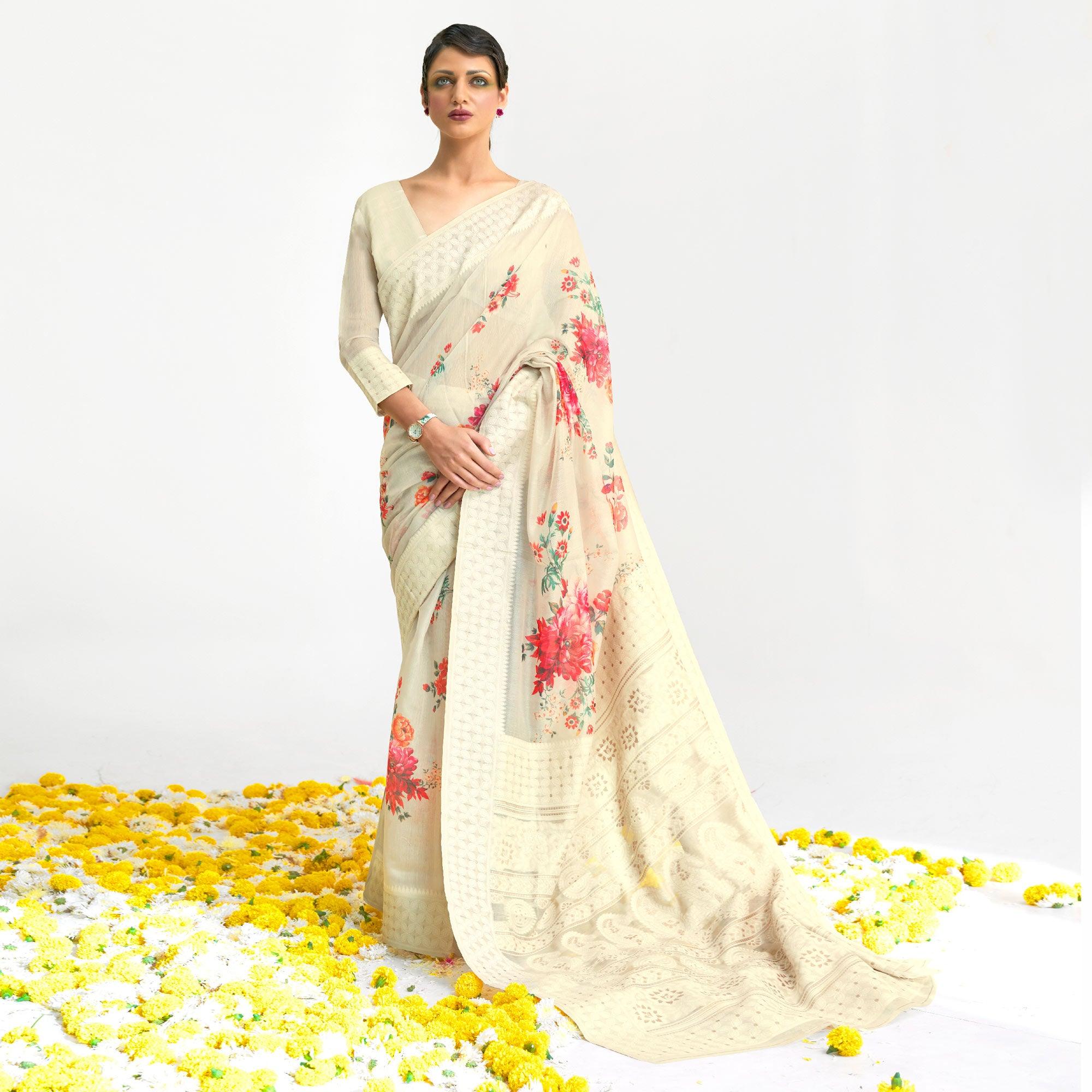 Off White Floral Digital Printed Chanderi Saree - Peachmode
