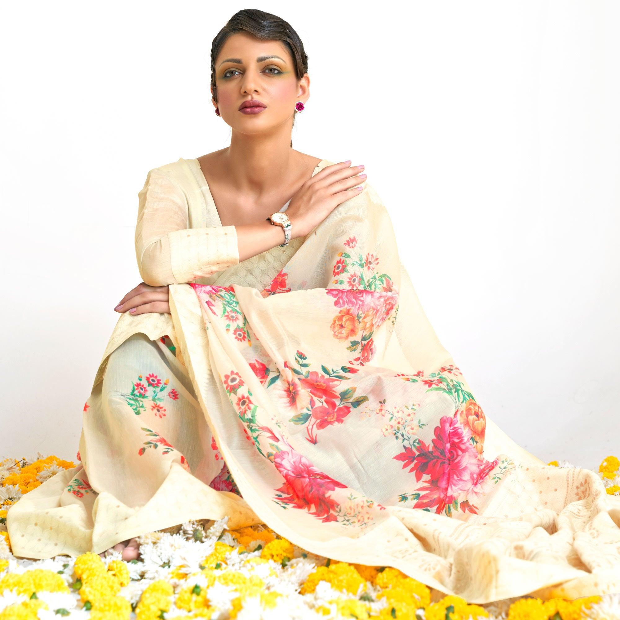 Off White Floral Digital Printed Chanderi Saree - Peachmode