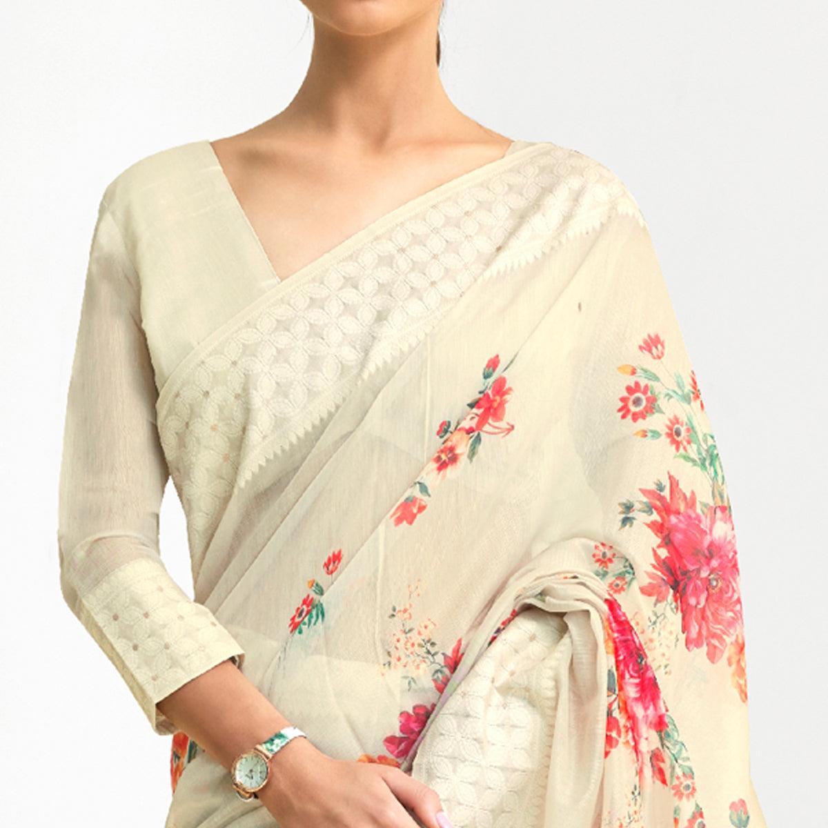 Off White Floral Digital Printed Chanderi Saree - Peachmode