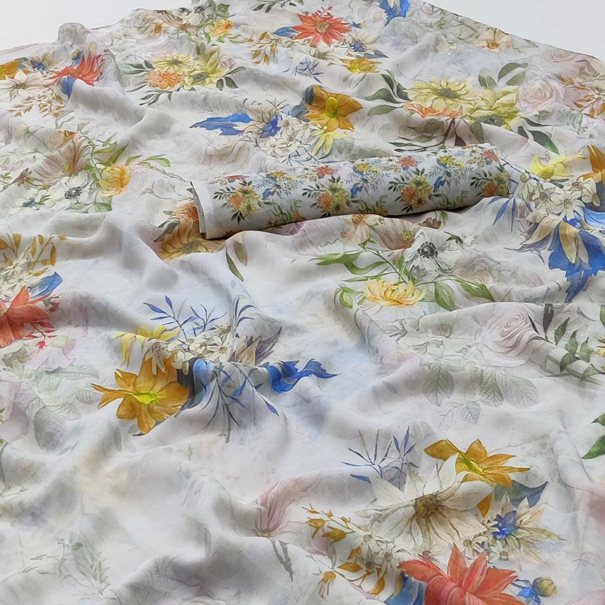 Off-White Floral Digital Printed Georgette Saree - Peachmode