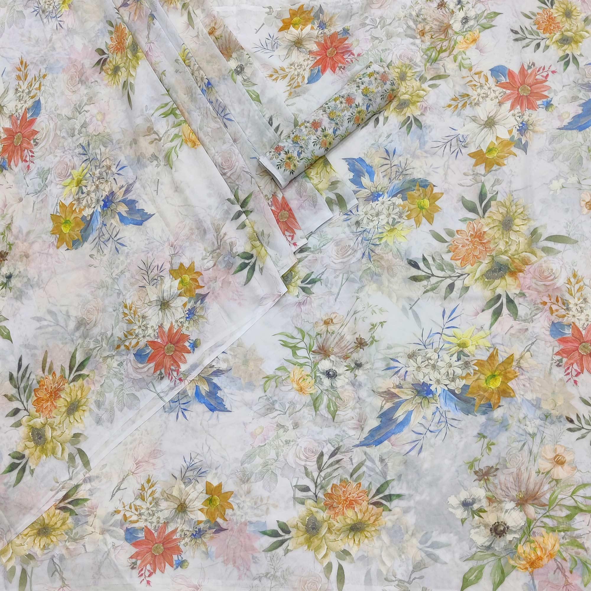 Off-White Floral Digital Printed Georgette Saree - Peachmode