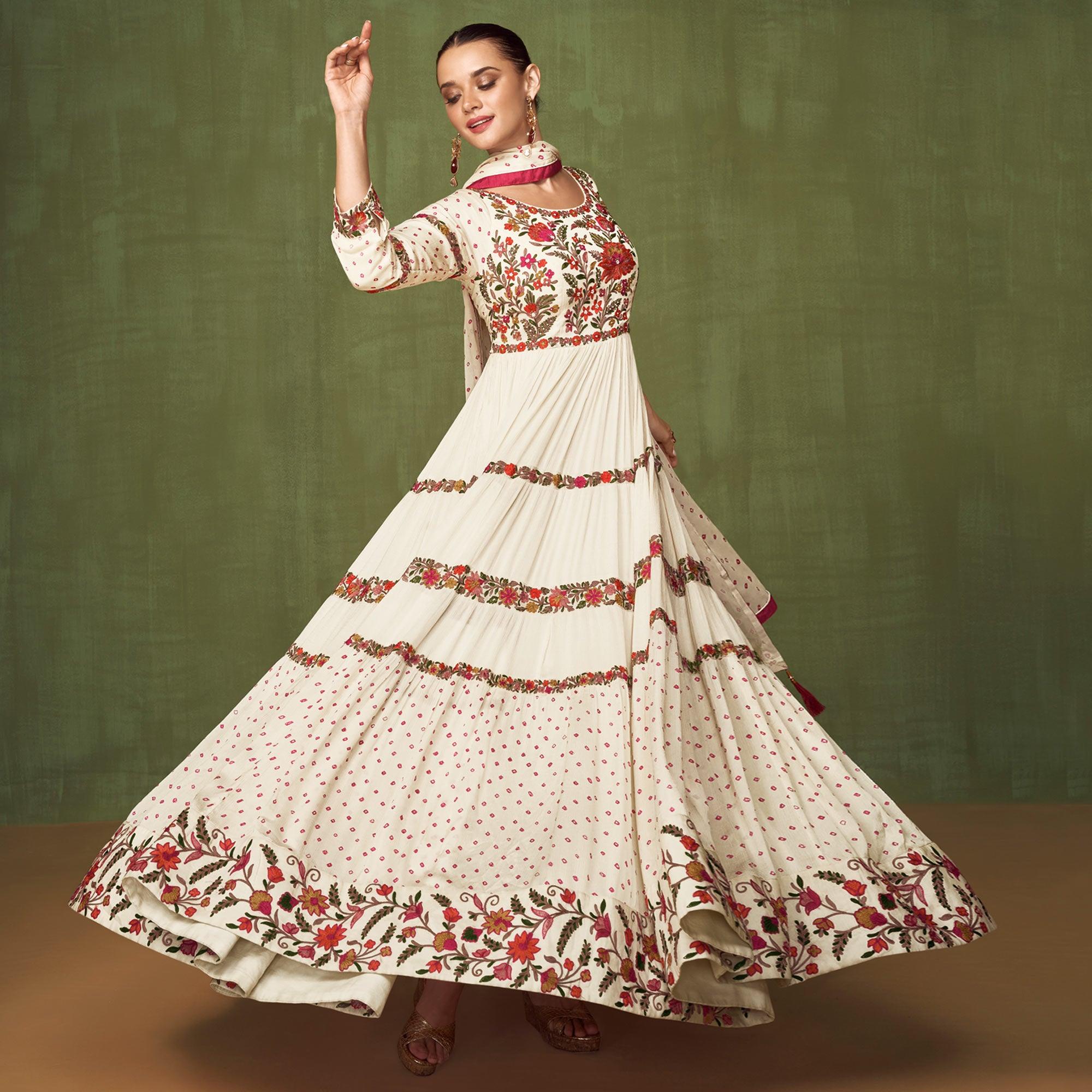 Off White Floral Embroidered Georgette Anarkali Style Gown - Peachmode