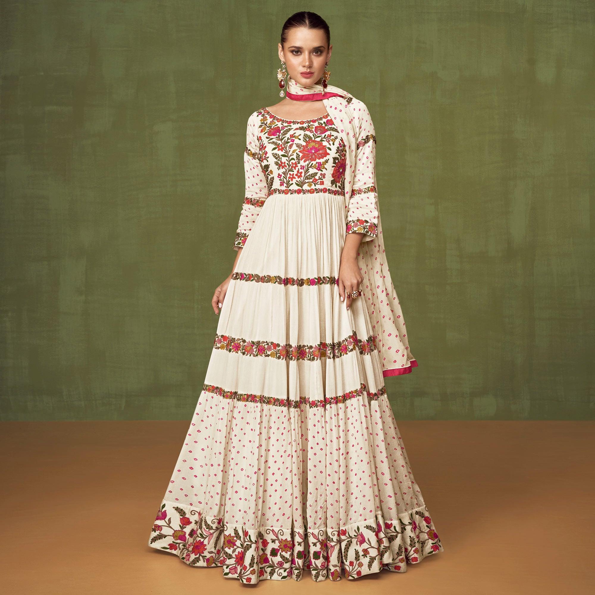 Off White Floral Embroidered Georgette Anarkali Style Gown - Peachmode