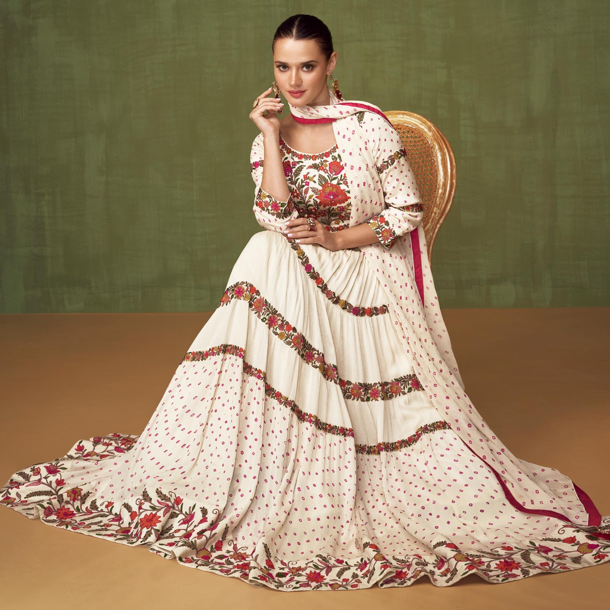 Off White Floral Embroidered Georgette Anarkali Style Gown - Peachmode