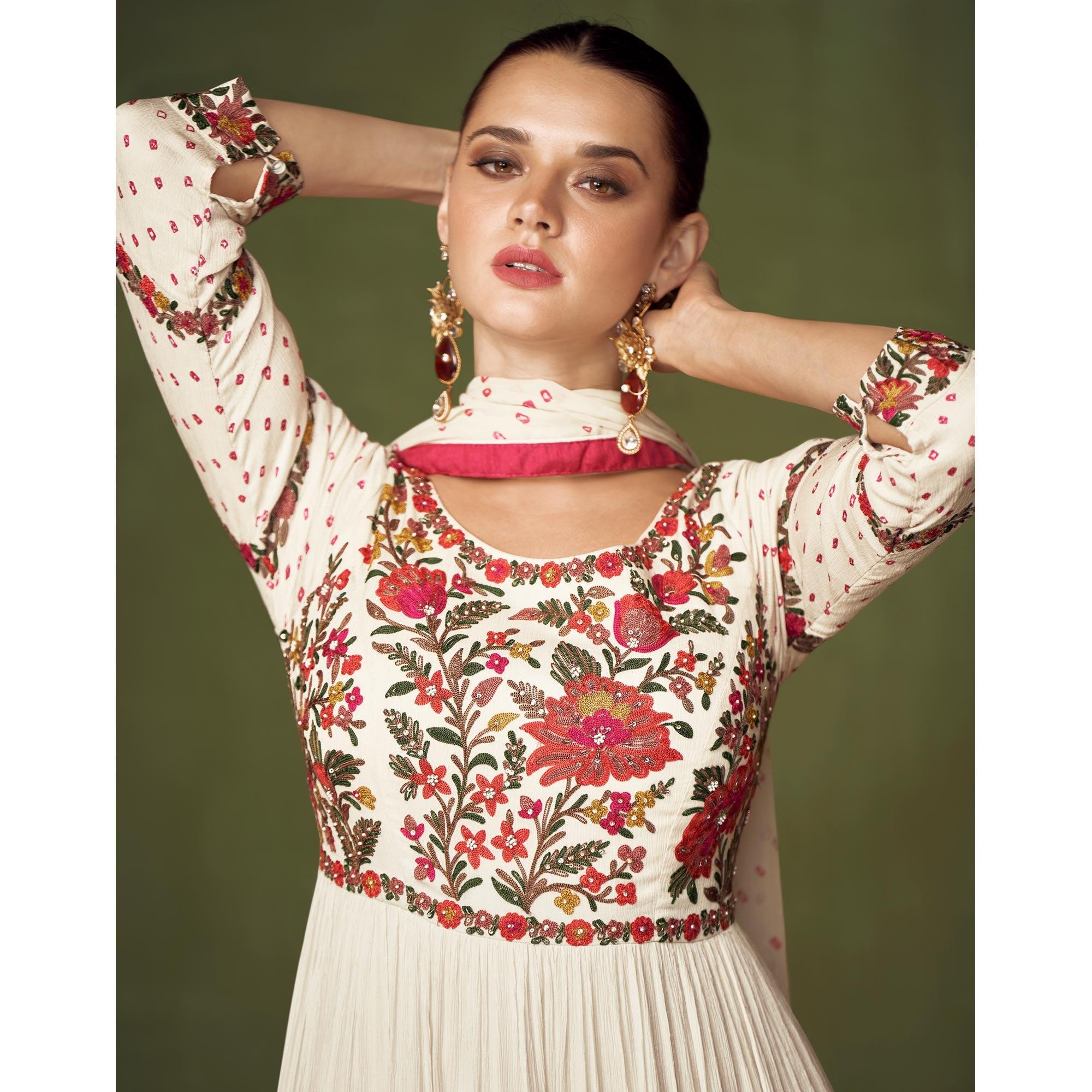 Off White Floral Embroidered Georgette Anarkali Style Gown - Peachmode
