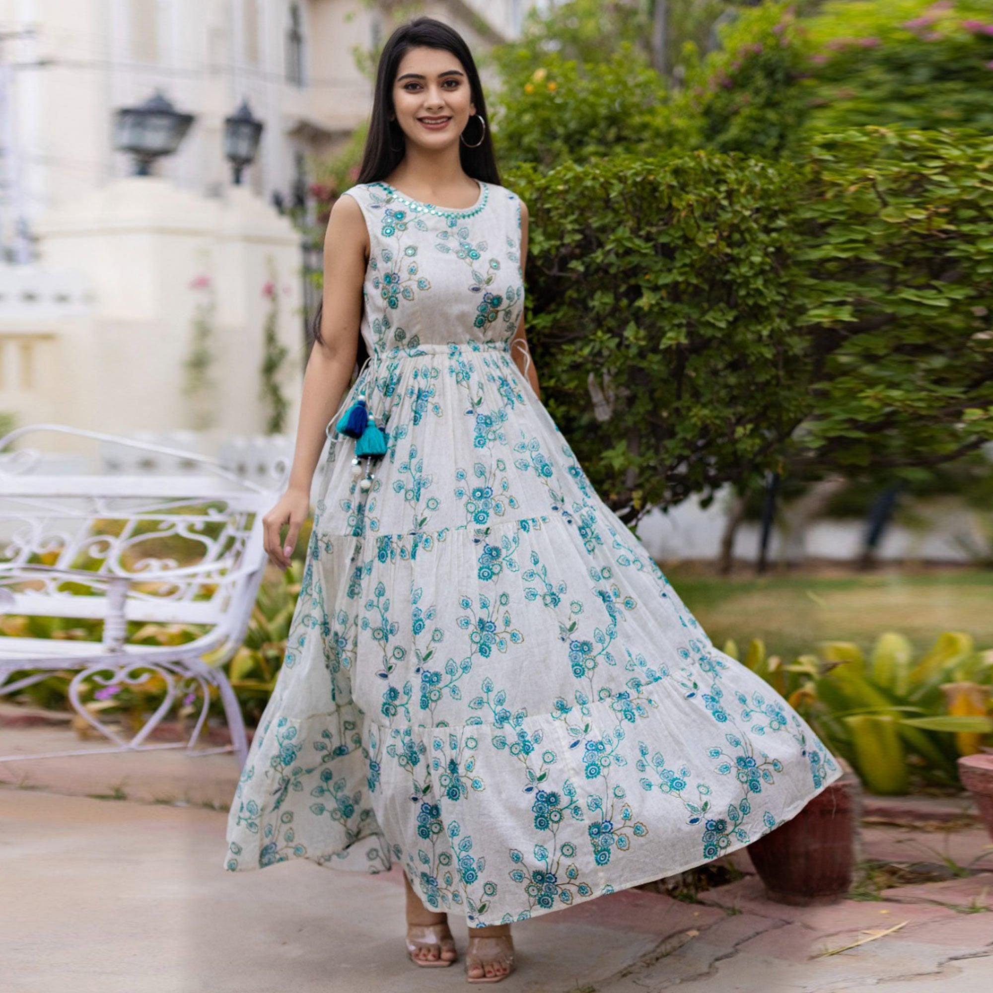 Off White Floral Printed Dress - Peachmode