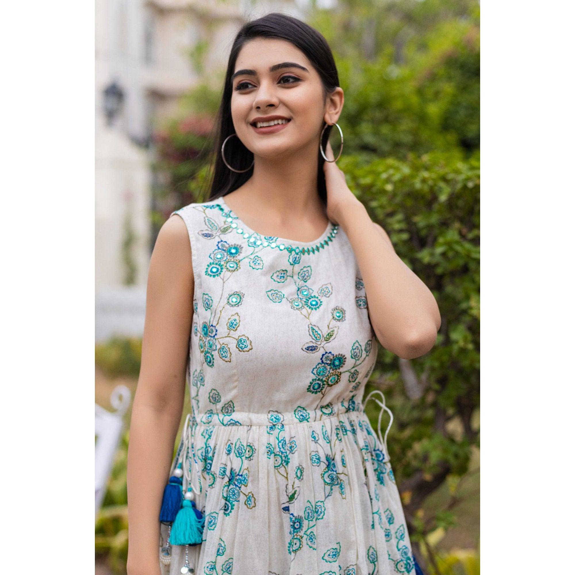 Off White Floral Printed Dress - Peachmode