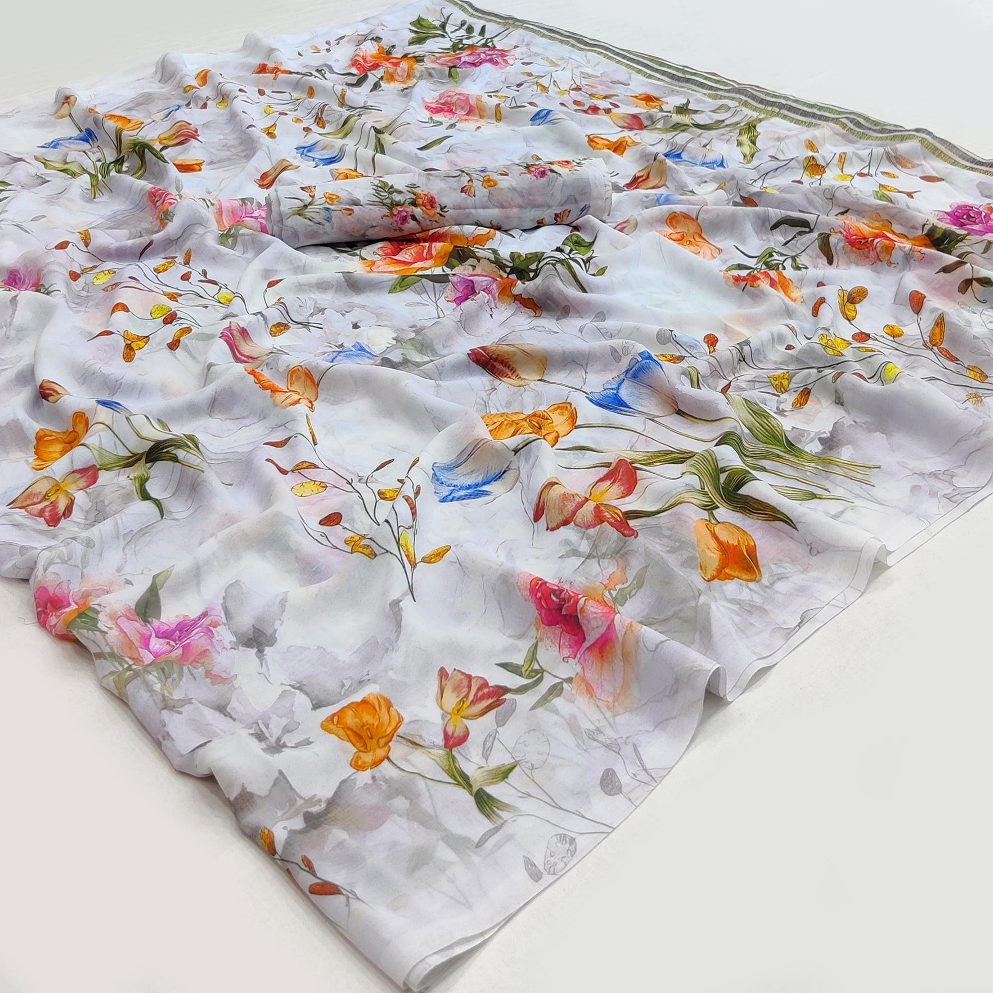 Off White Floral Printed Georgette Saree - Peachmode