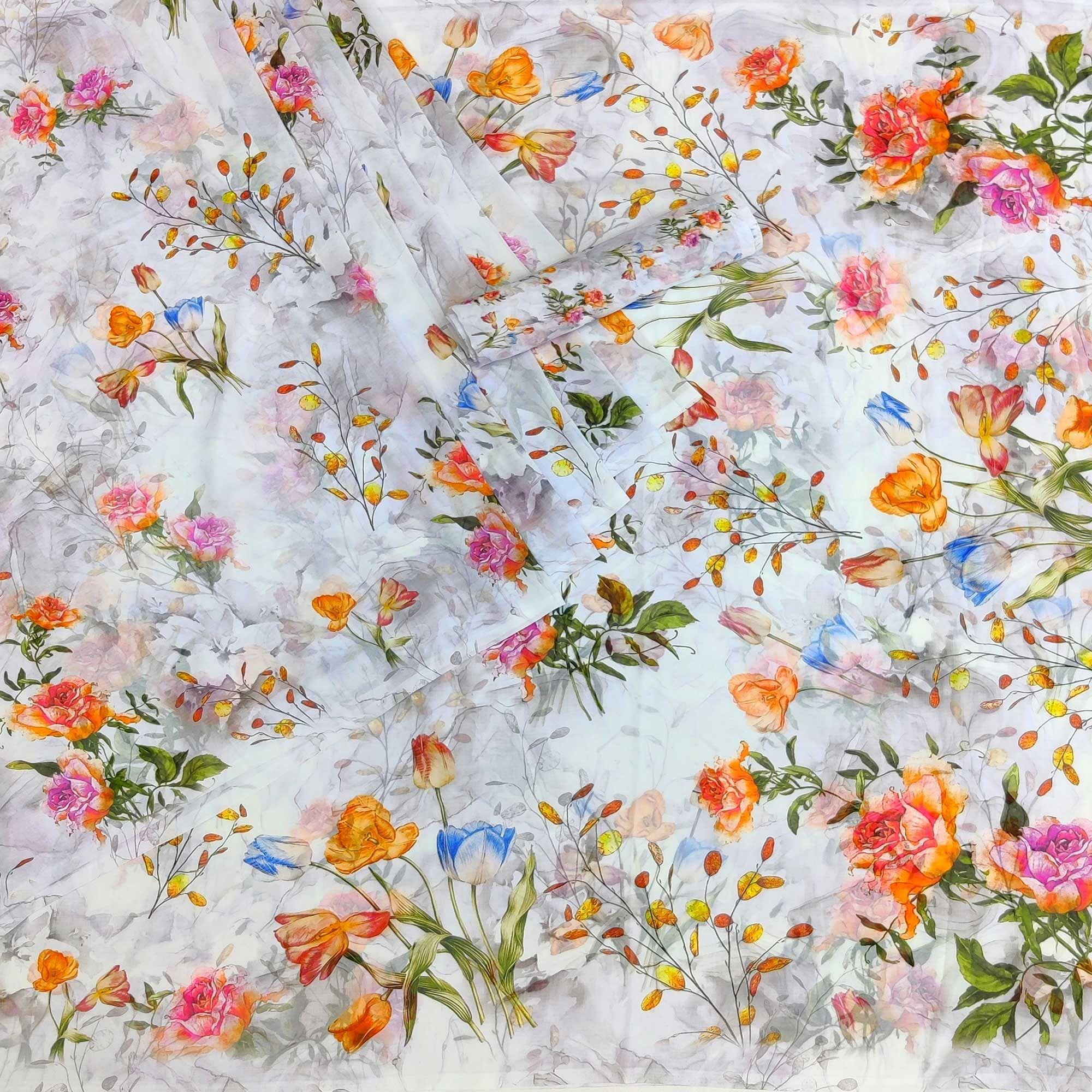 Off White Floral Printed Georgette Saree - Peachmode