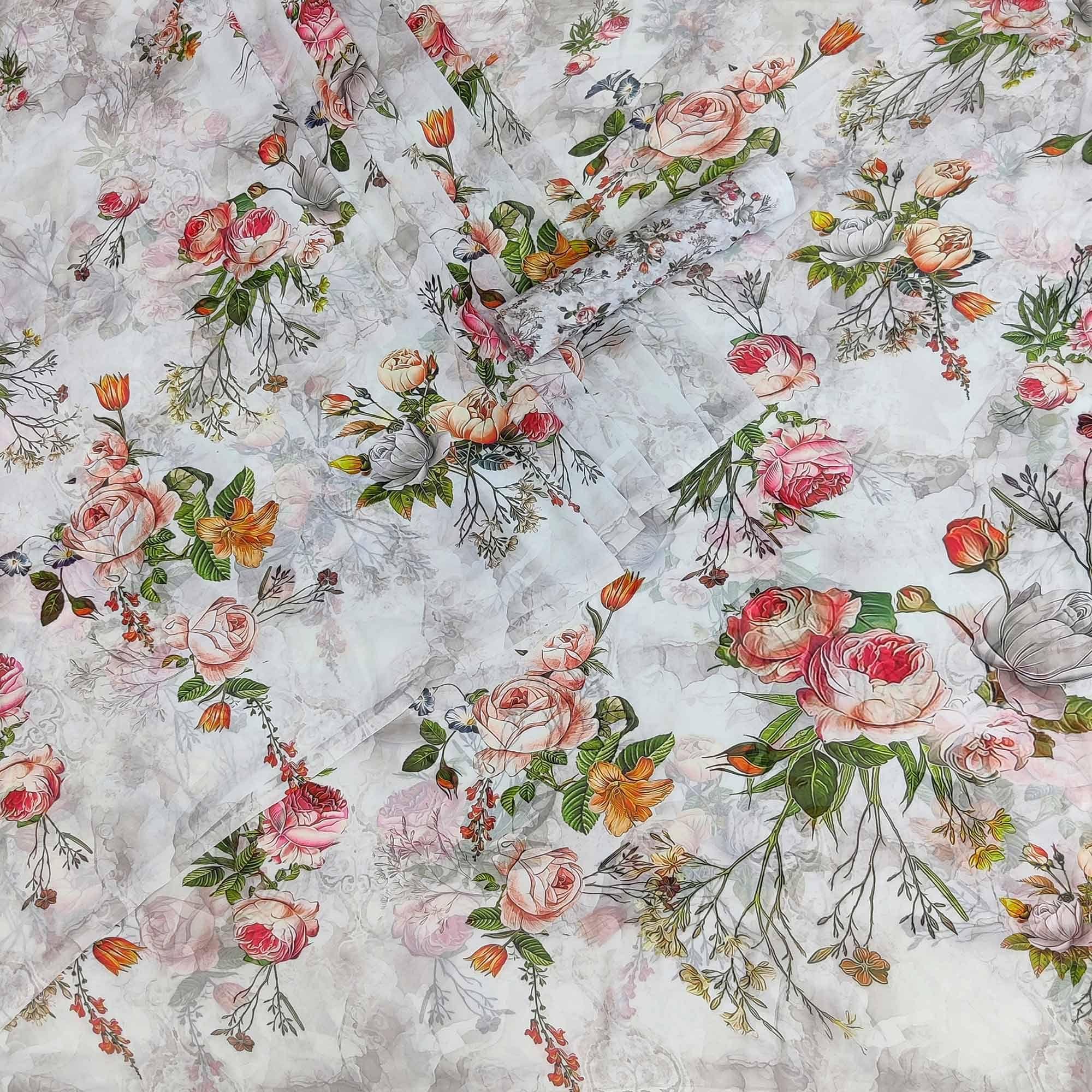Off White Floral Printed Georgette Saree - Peachmode