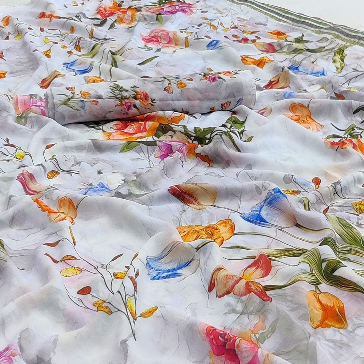 Off White Floral Printed Georgette Saree - Peachmode