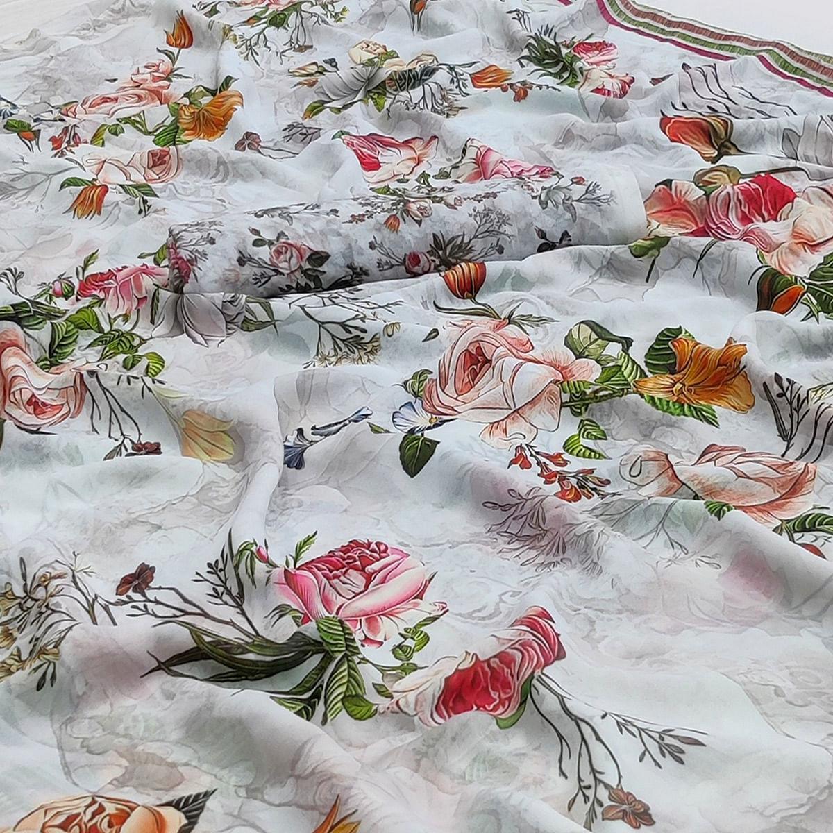 Off White Floral Printed Georgette Saree - Peachmode