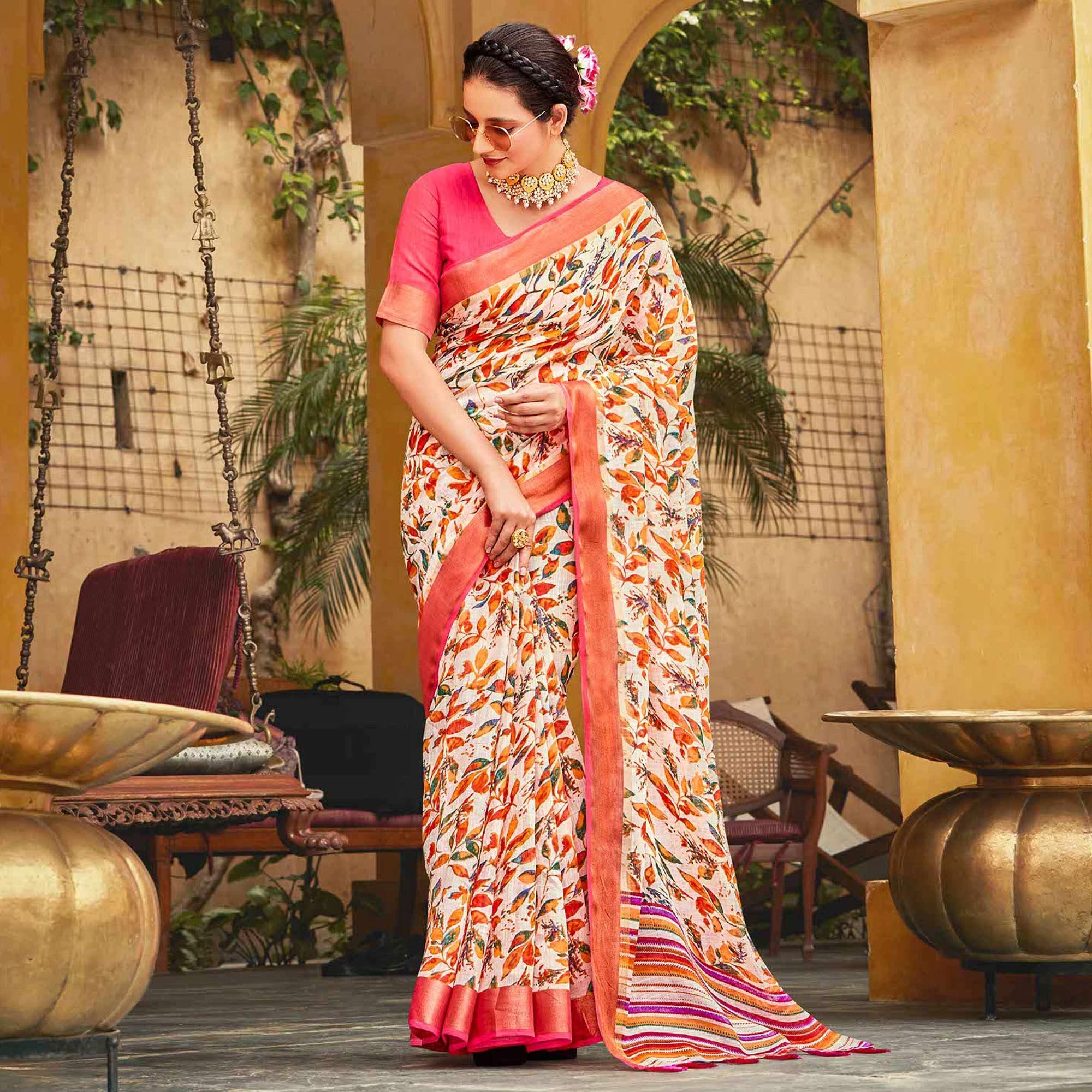 Off-White Floral Printed Linen Saree - Peachmode