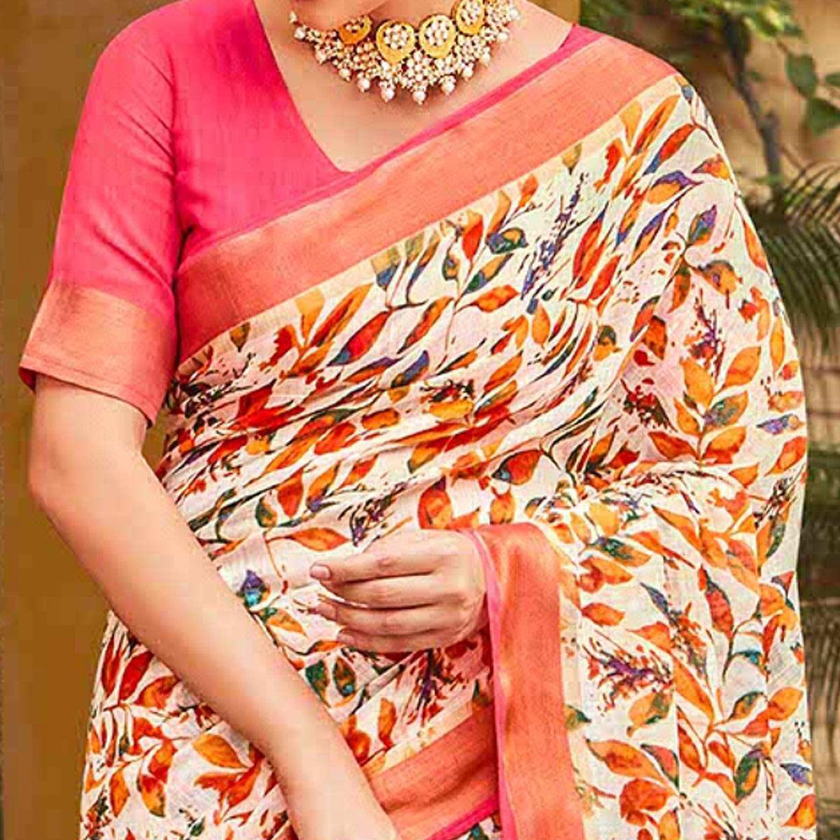 Off-White Floral Printed Linen Saree - Peachmode