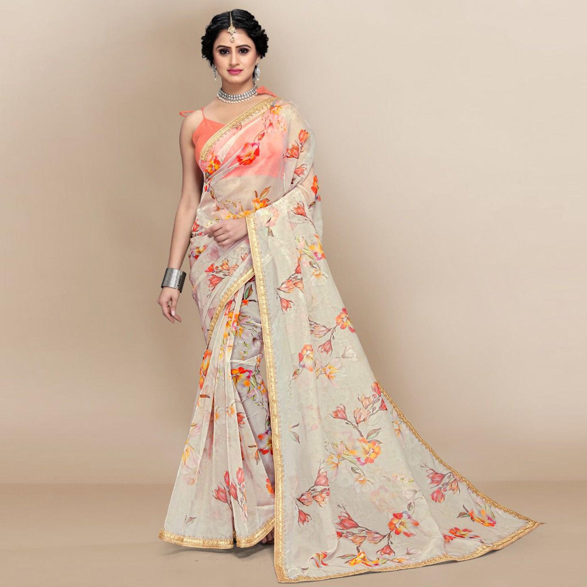 Off White Floral Printed Organza Saree - Peachmode