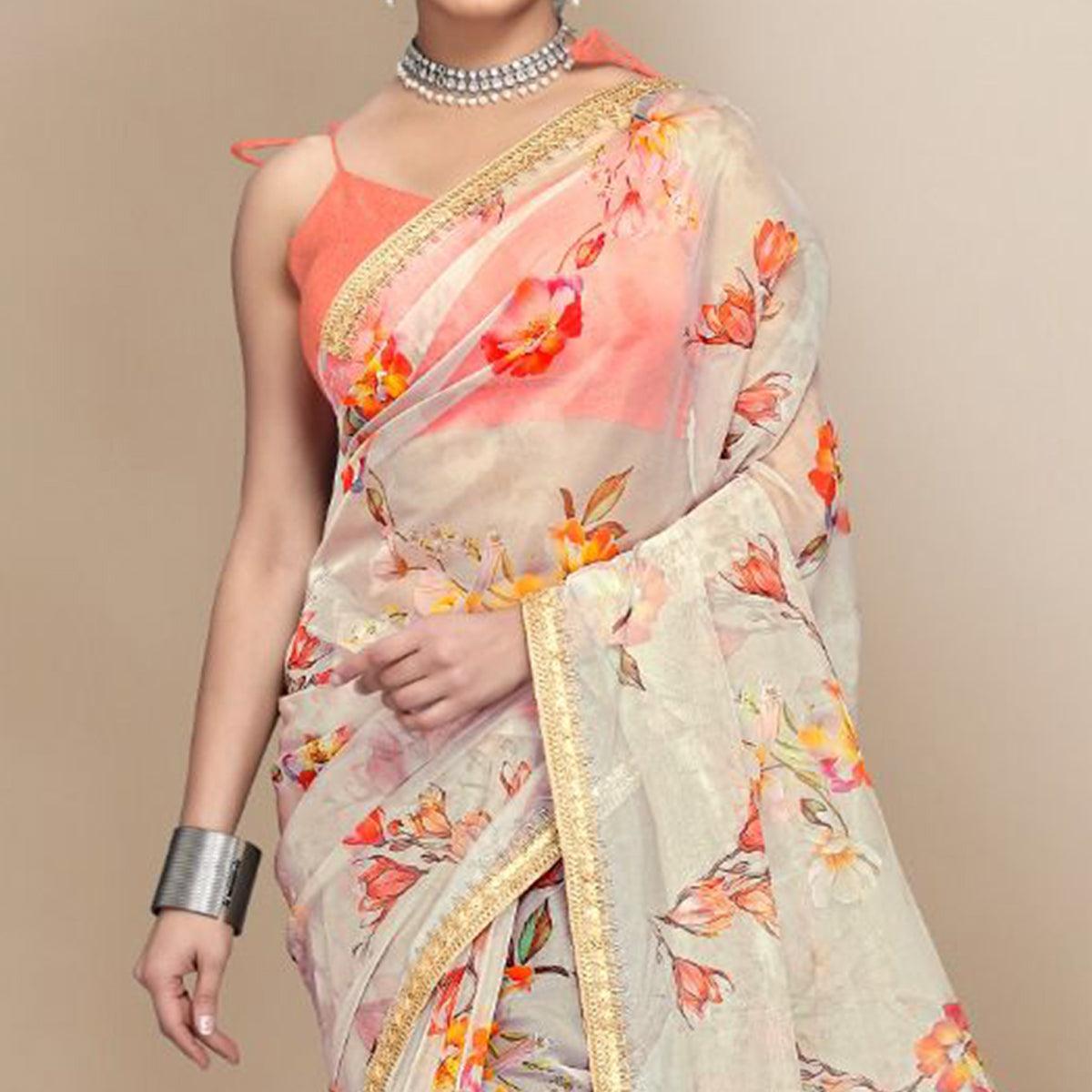 Off White Floral Printed Organza Saree - Peachmode