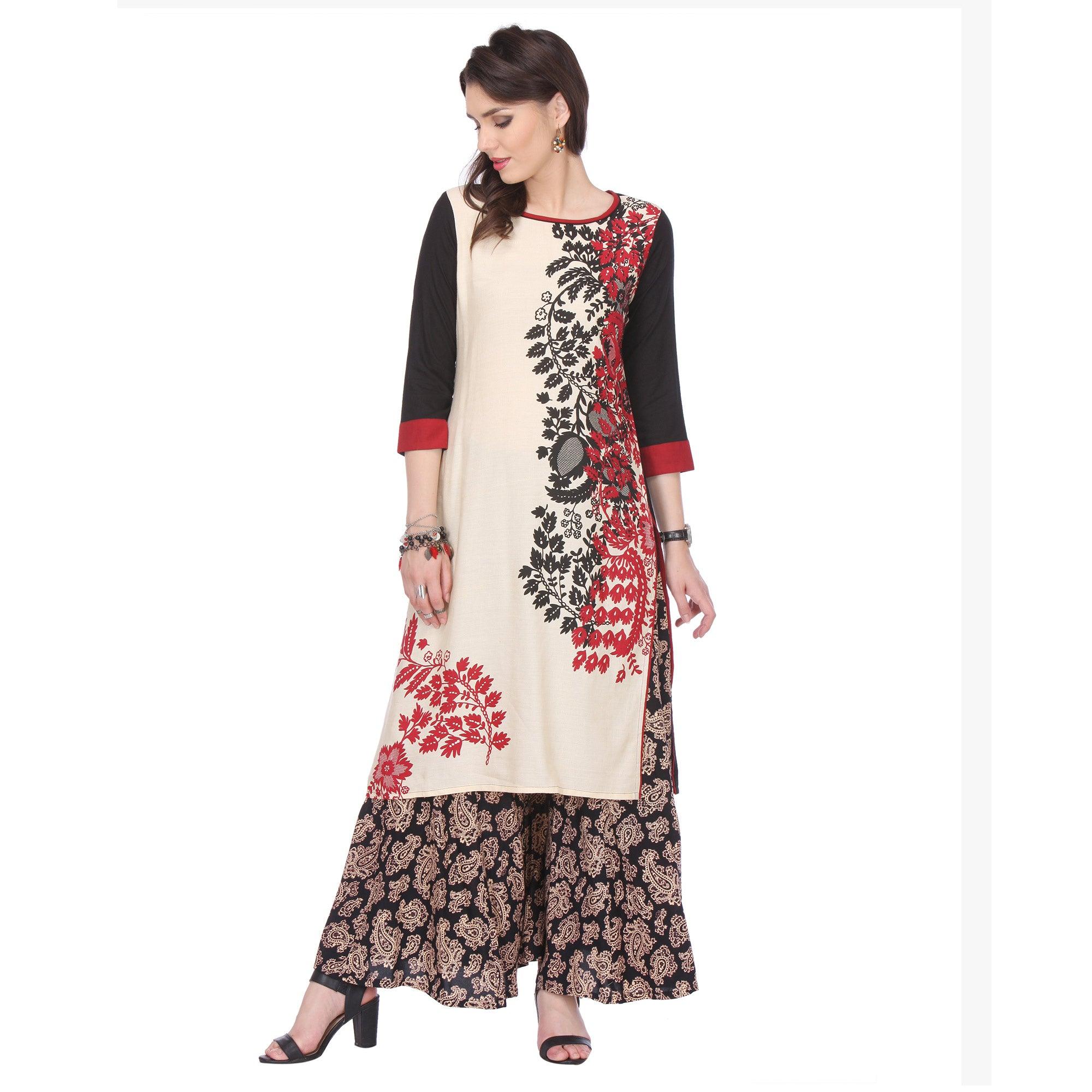 Off White Floral Printed Poly Cotton Kurti - Peachmode