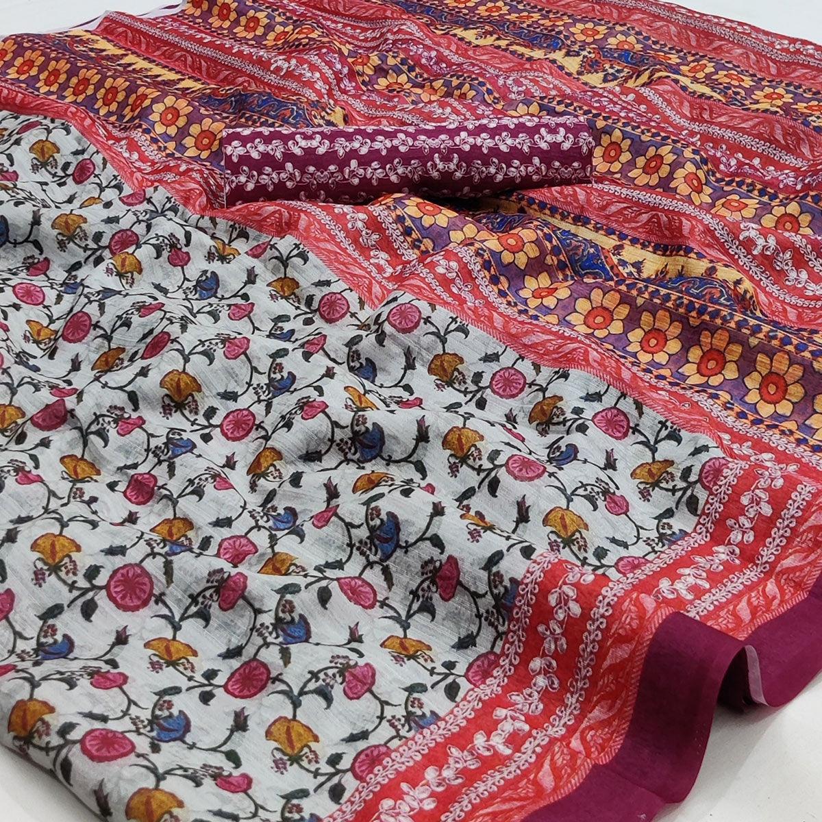 Off-White Floral Printed Pure Cotton Saree - Peachmode
