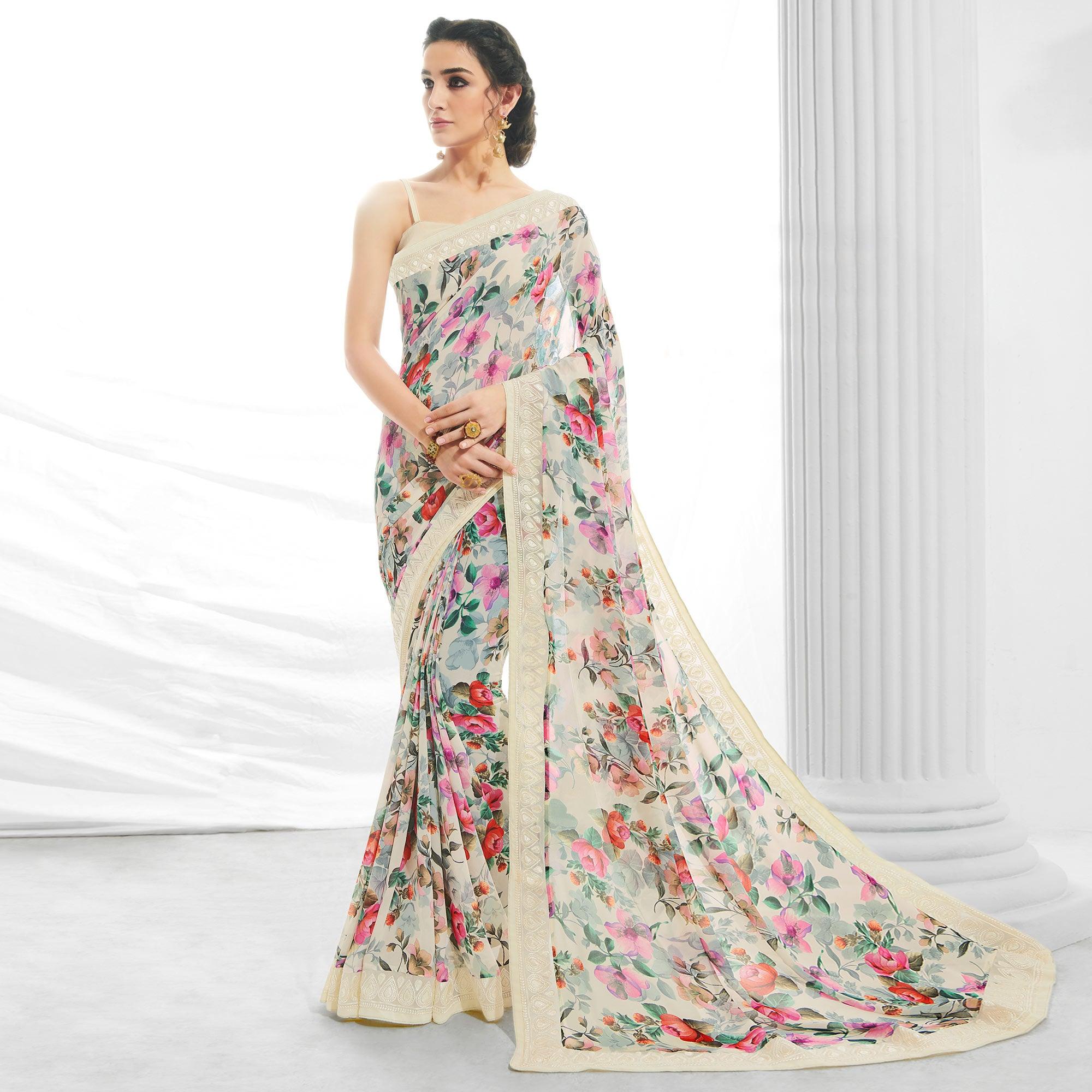 Off White Floral Printed With Embroidered Border Georgette Saree - Peachmode