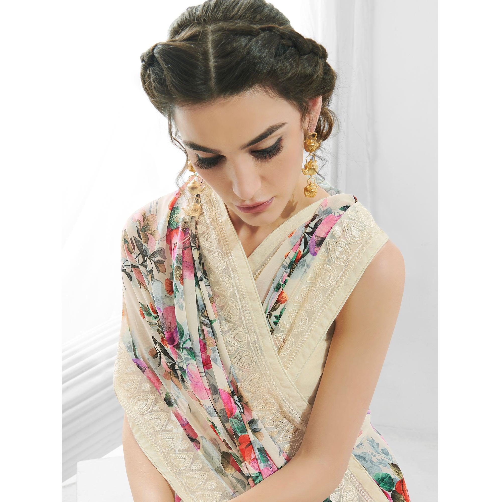 Off White Floral Printed With Embroidered Border Georgette Saree - Peachmode