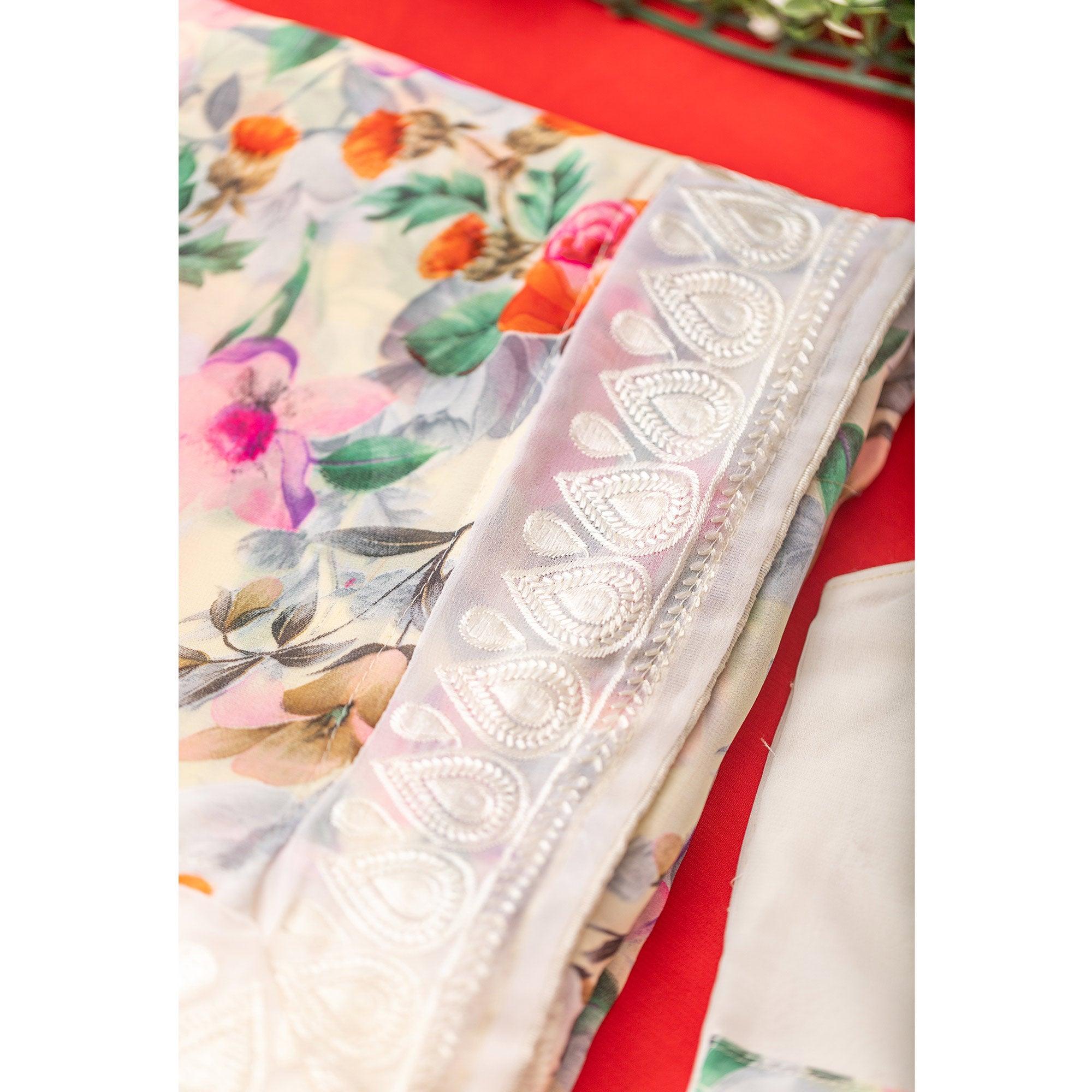 Off White Floral Printed With Embroidered Border Georgette Saree - Peachmode