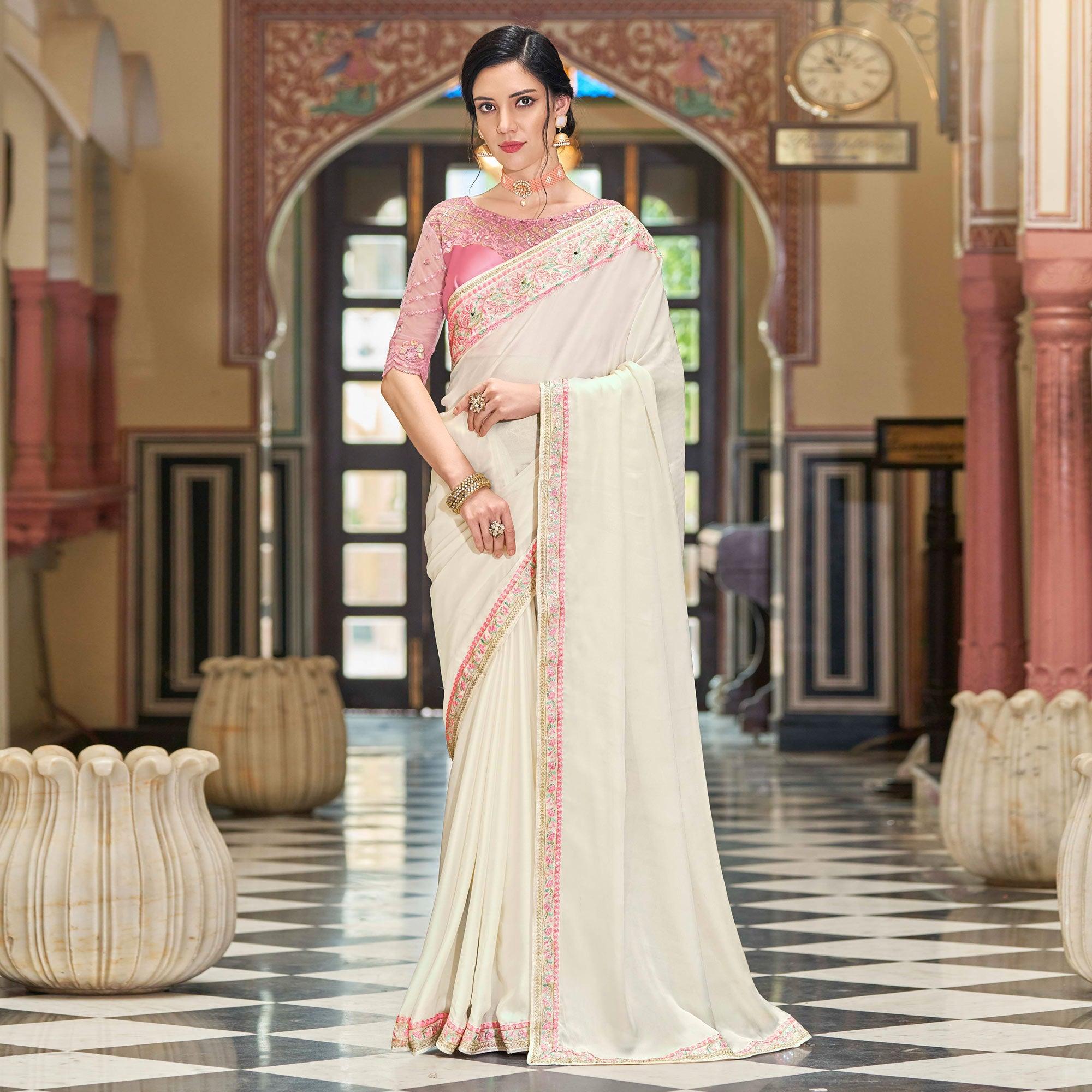 Off White Floral Sequence Embroidered Art Silk Saree - Peachmode