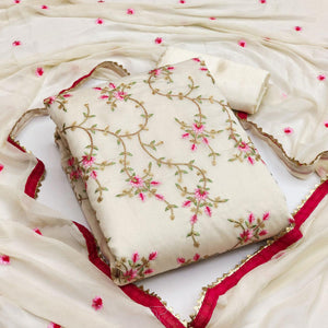 Off White Floral Sequence Embroidery Chanderi Dress Material - Peachmode