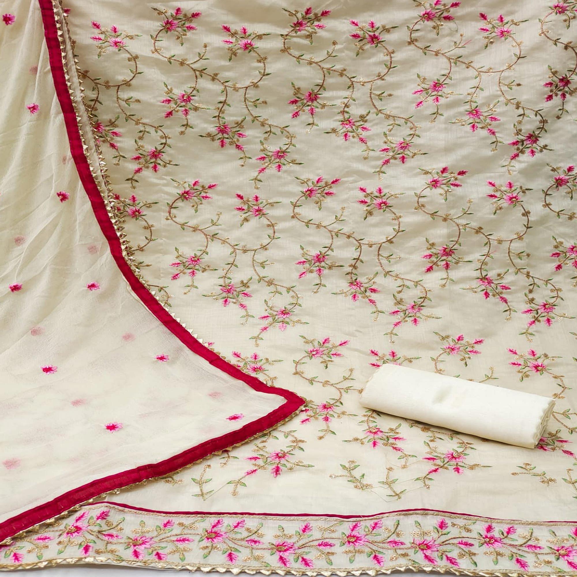 Off White Floral Sequence Embroidery Chanderi Dress Material - Peachmode