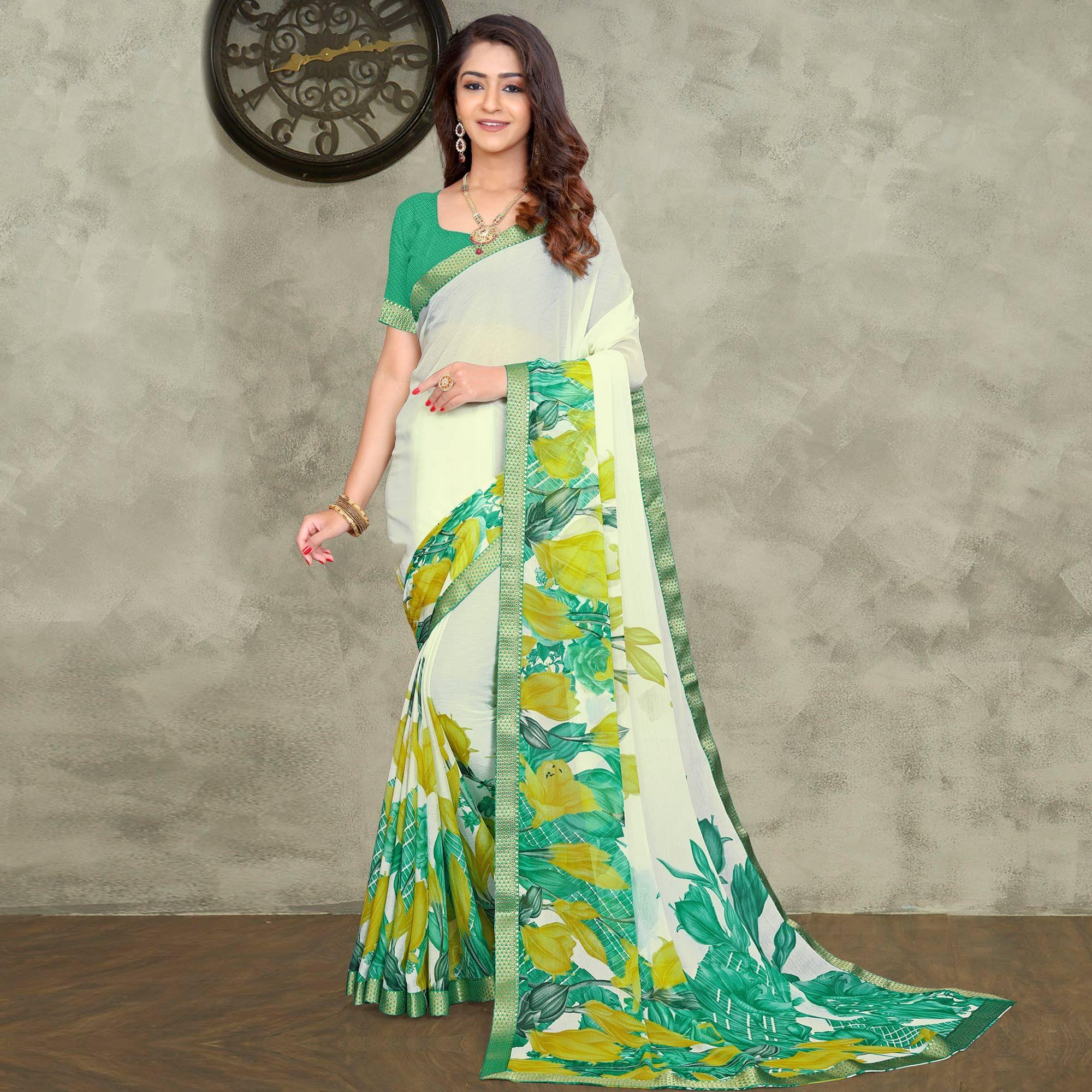 Off White-Green Casual Wear Floral Printed Chiffon Saree - Peachmode