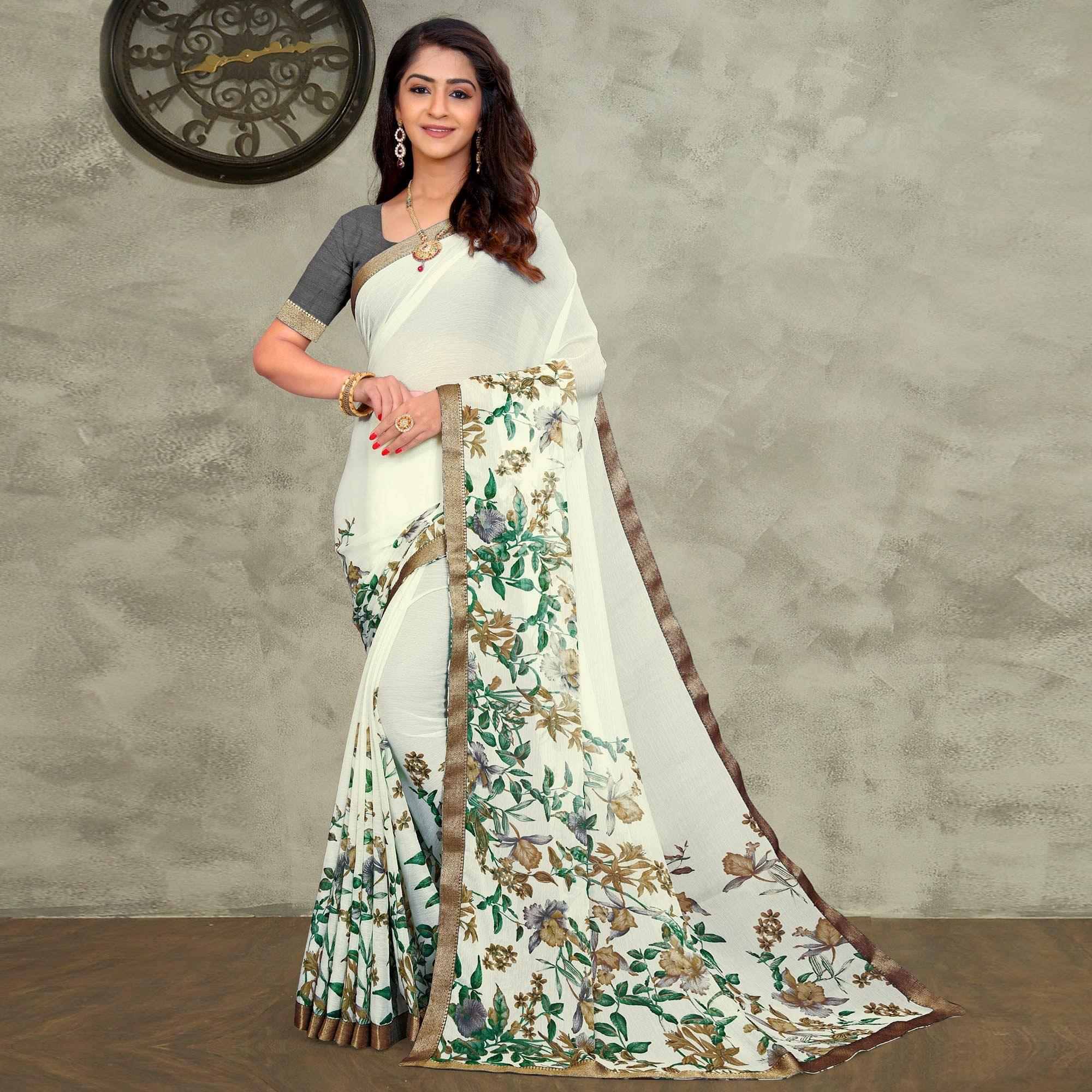 Off White-Grey Casual Wear Floral Printed Chiffon Saree - Peachmode