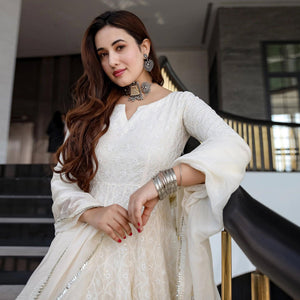 Off White Lucknowi Chikankari With Embroidery Rayon Partywear Gown - Peachmode