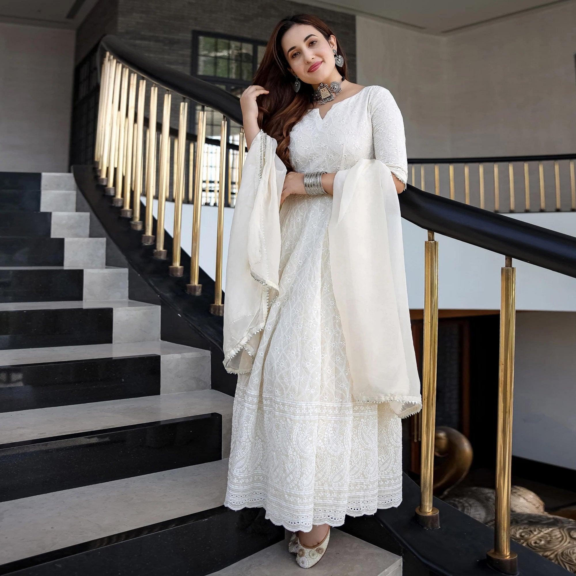 Off White Lucknowi Chikankari With Embroidery Rayon Partywear Gown - Peachmode