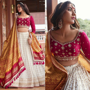 Off white Party Wear Embroidered Georgette Lehenga Choli - Peachmode