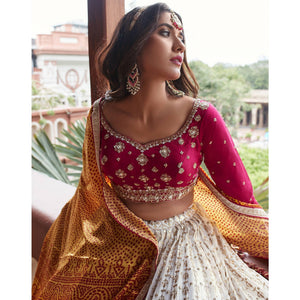 Off white Party Wear Embroidered Georgette Lehenga Choli - Peachmode