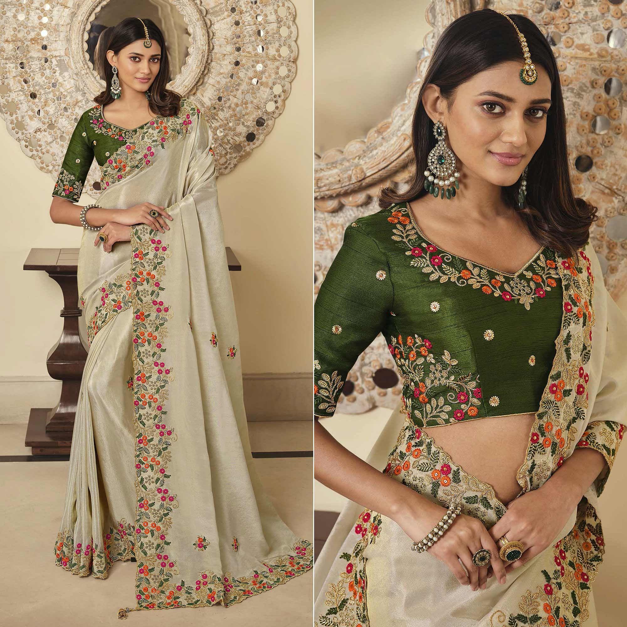 Off White Party Wear Embroidered Satin Saree - Peachmode