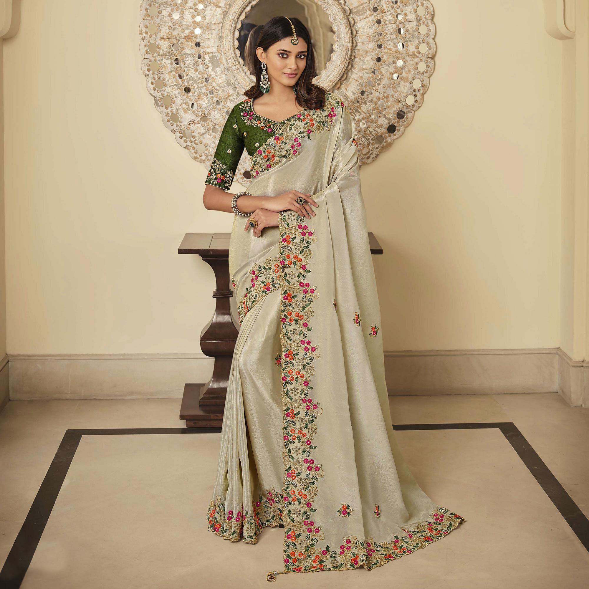 Off White Party Wear Embroidered Satin Saree - Peachmode