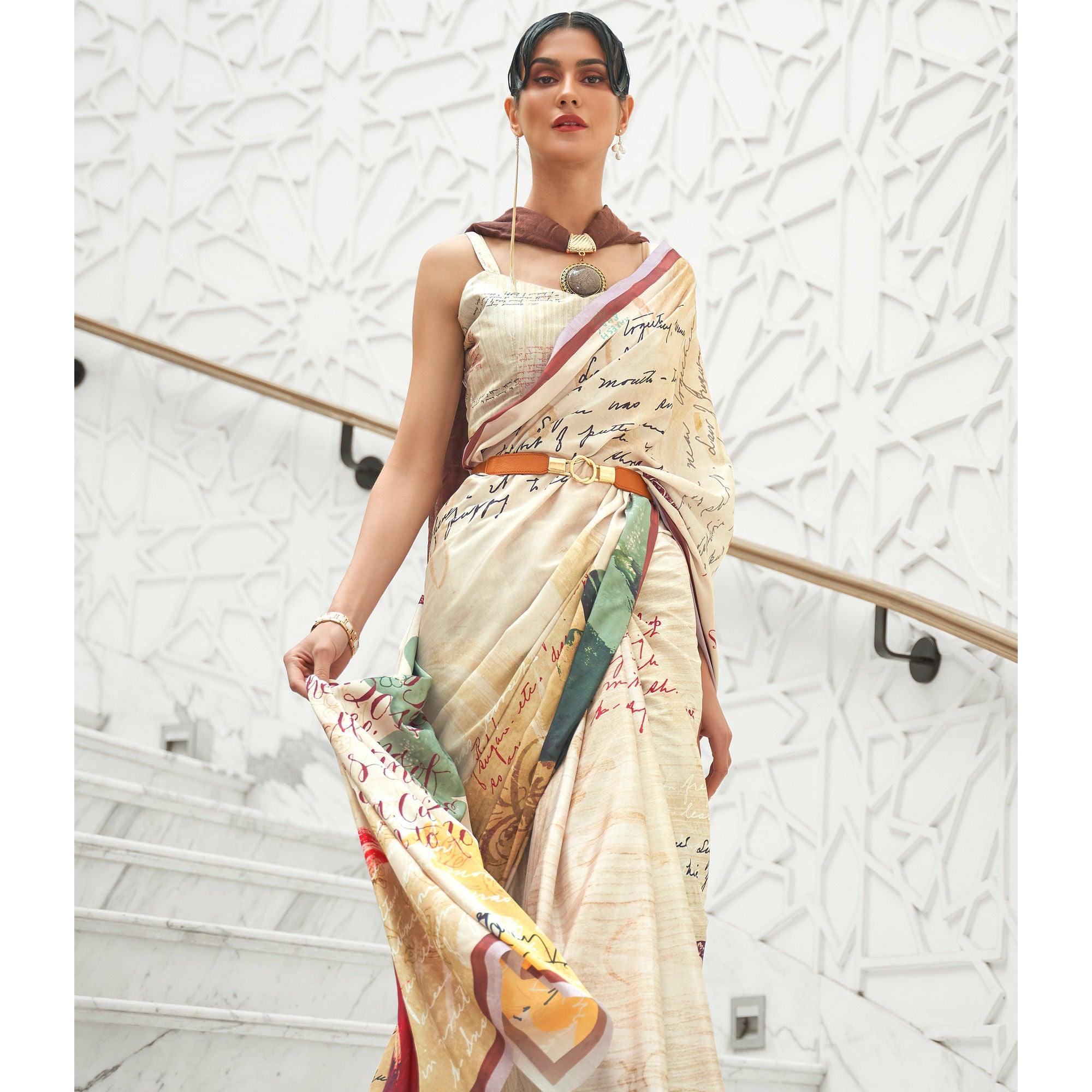 Off-White Partywear Digital Printed Silk Saree - Peachmode