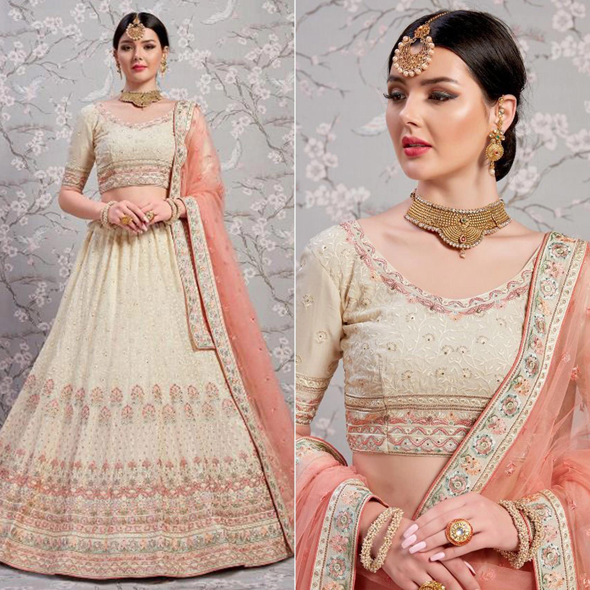 Off-White Partywear Embroidered Georgette Lehenga Choli - Peachmode