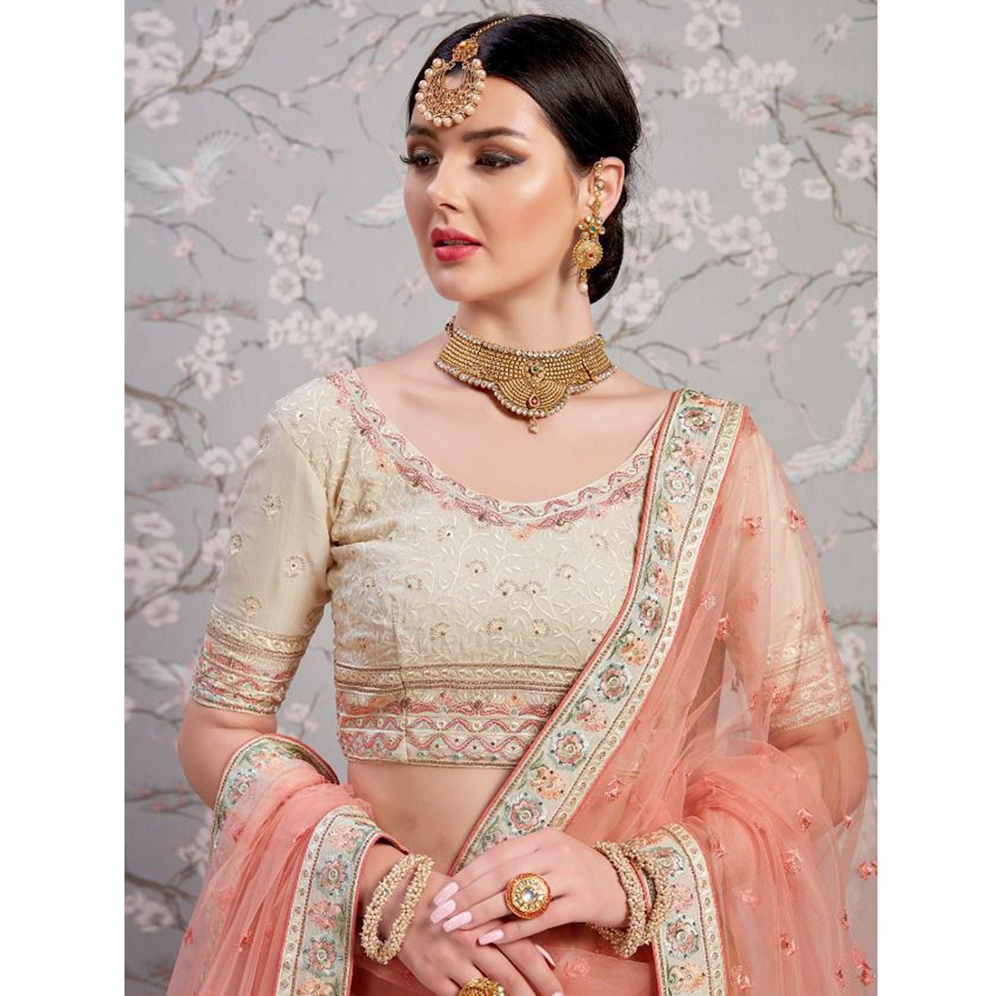 Off-White Partywear Embroidered Georgette Lehenga Choli - Peachmode