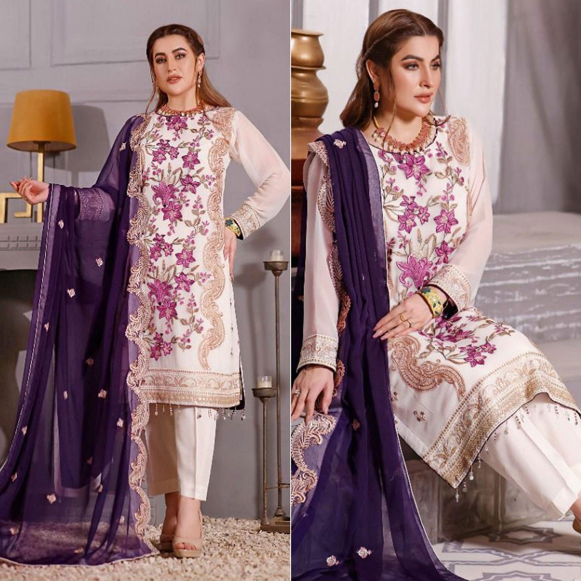 Off White Partywear Embroidered Georgette Pakistani Suit - Peachmode