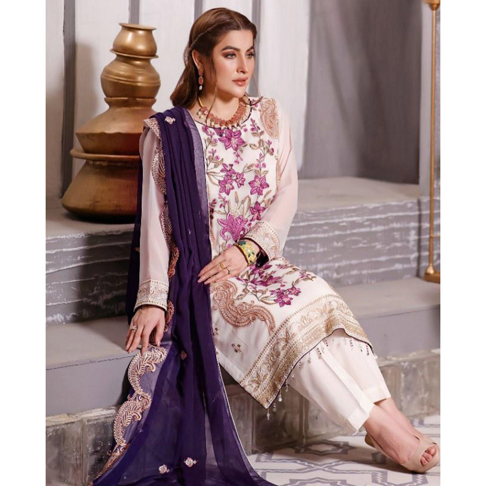 Off White Partywear Embroidered Georgette Pakistani Suit - Peachmode