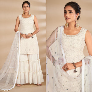Off-White Partywear Embroidered Georgette Sharara Suit - Peachmode