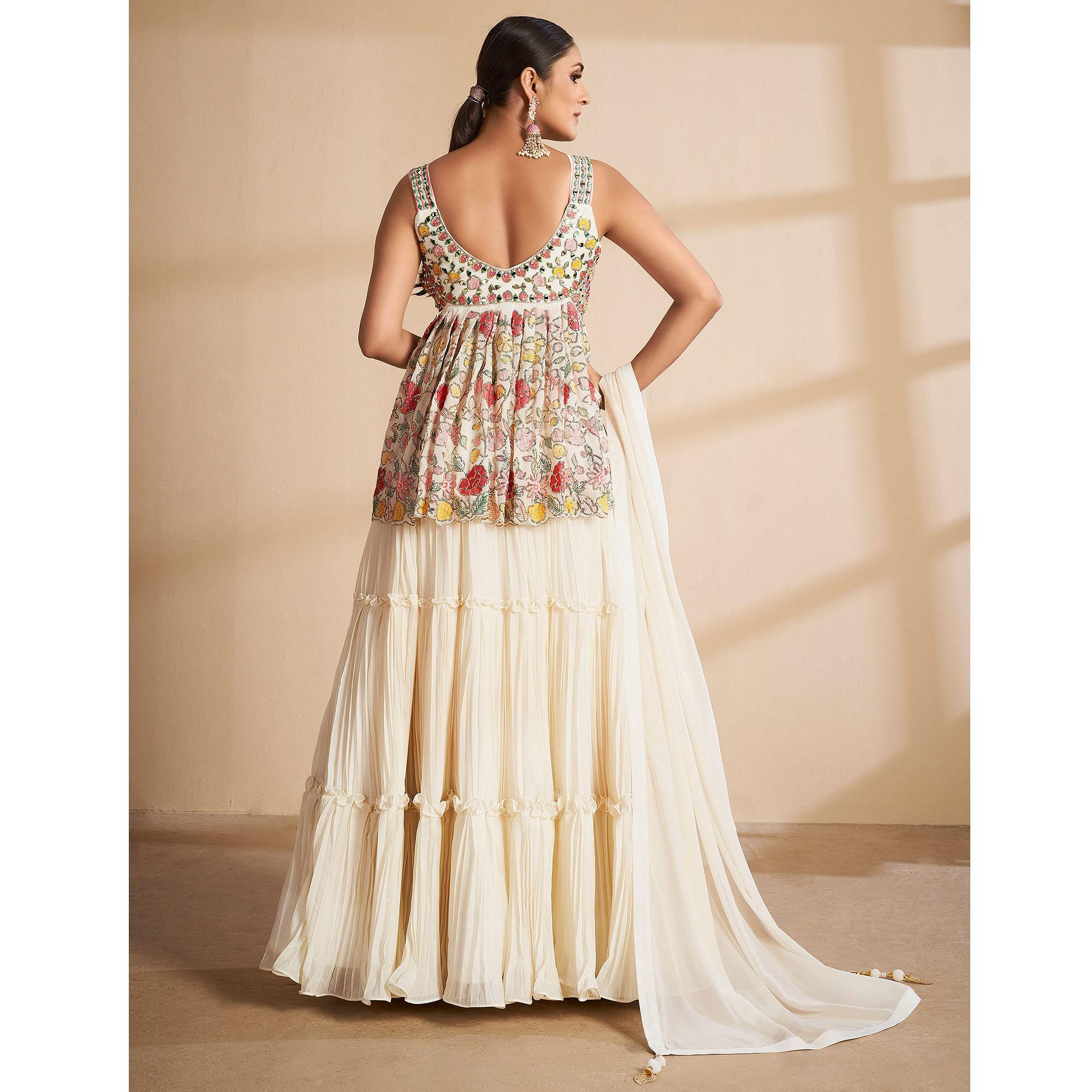 Off-White Partywear Embroidered Georgette Sharara Suit - Peachmode