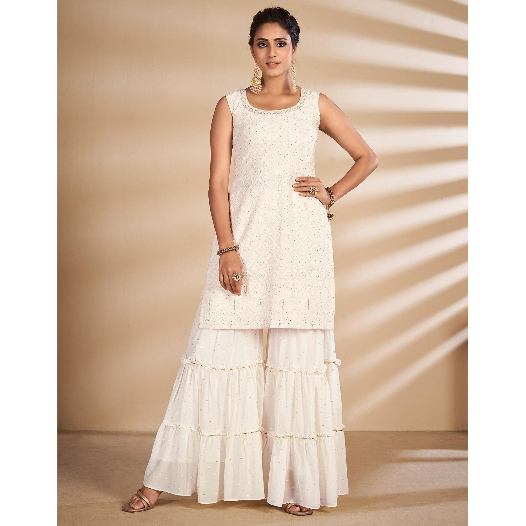 Off-White Partywear Embroidered Georgette Sharara Suit - Peachmode