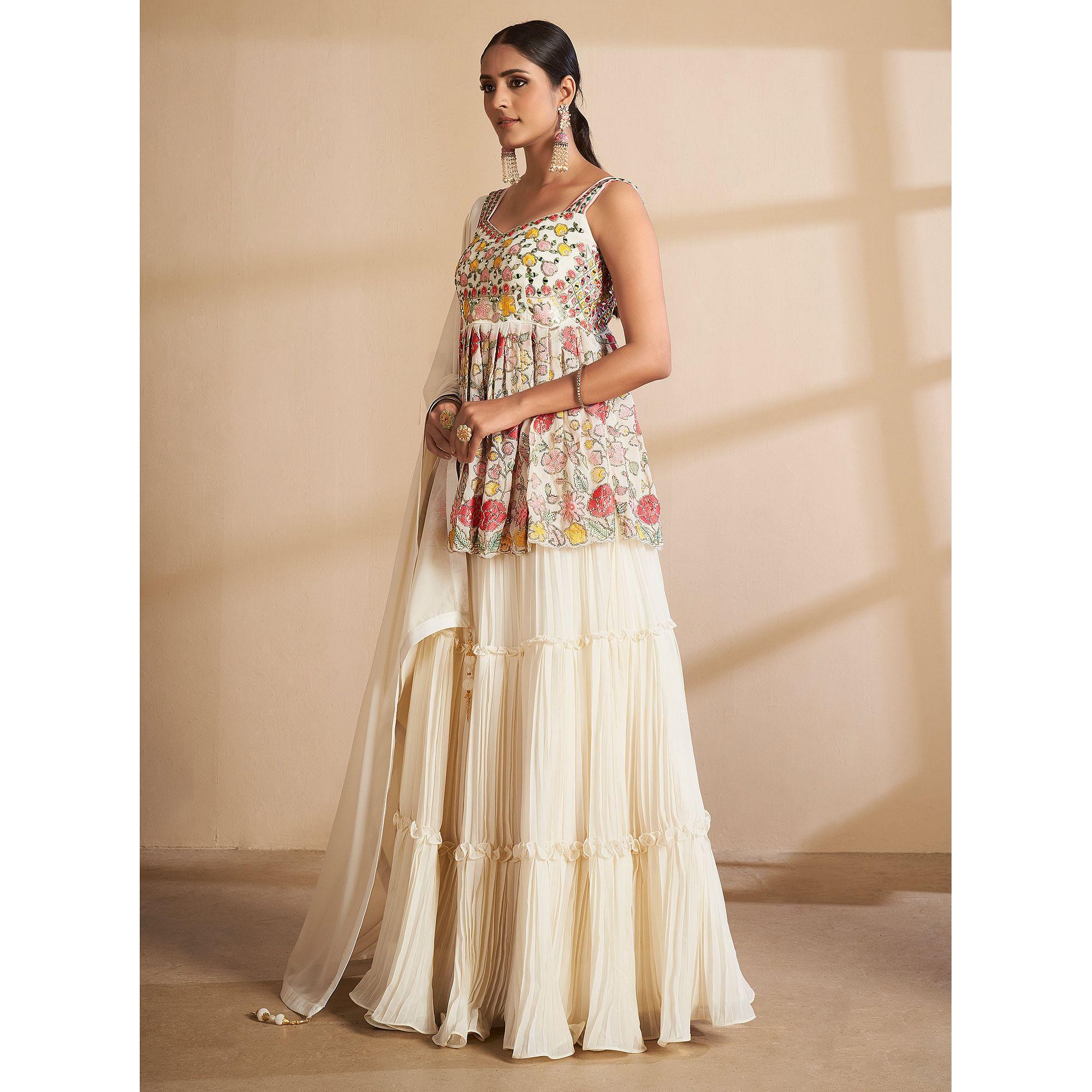 Off-White Partywear Embroidered Georgette Sharara Suit - Peachmode