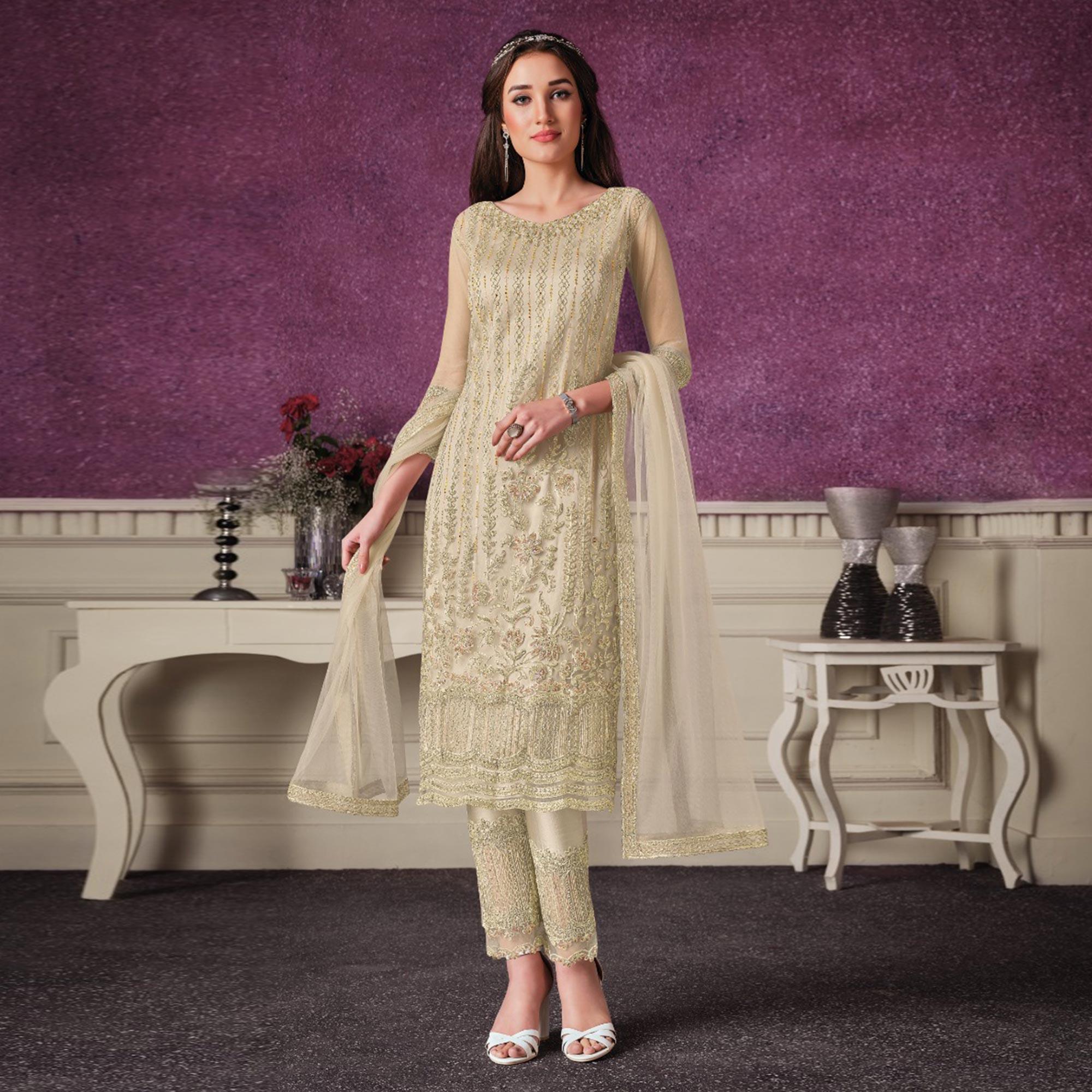 Off-White Partywear Embroidered Soft Net Suit - Peachmode