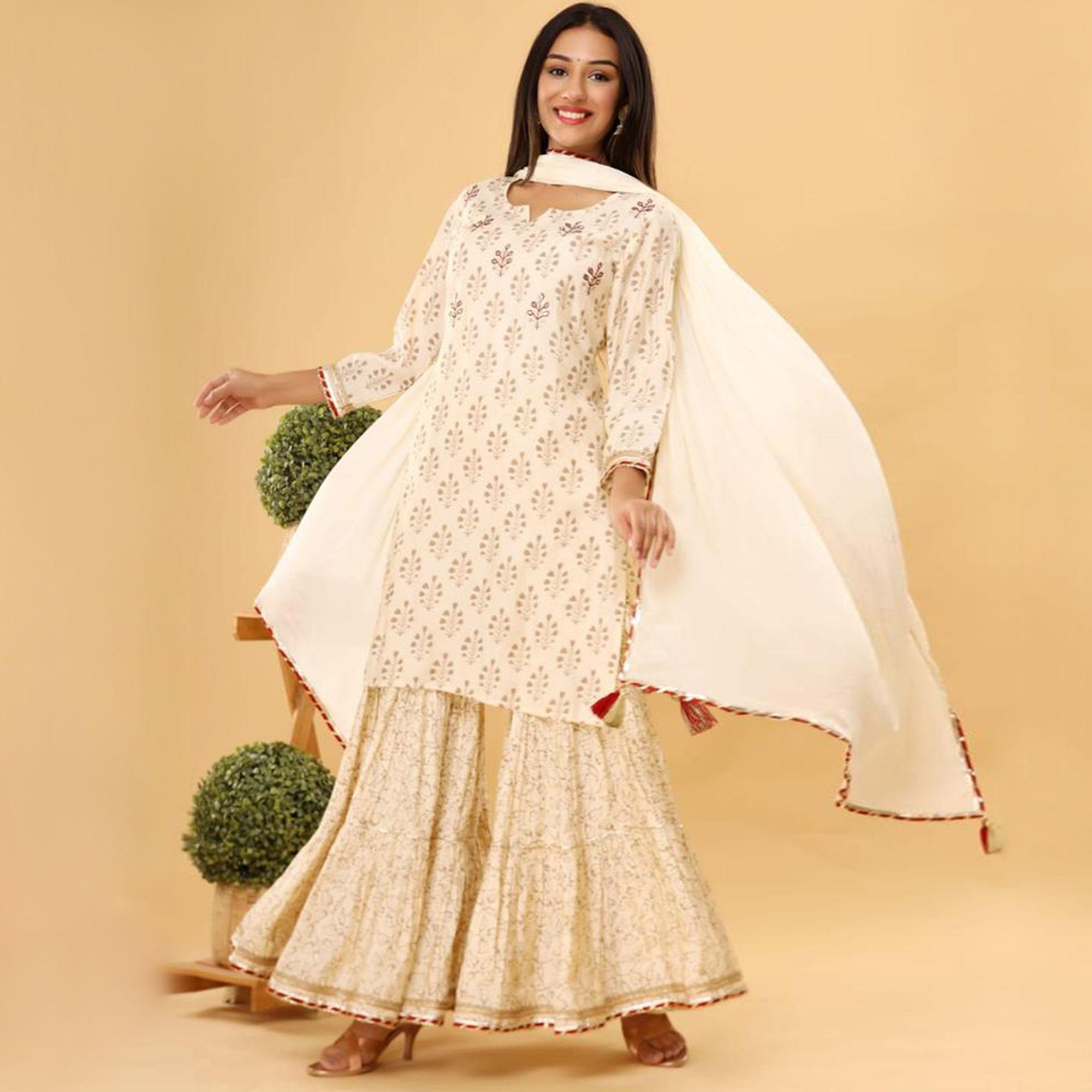 Off-White Partywear Embroidered With Print Cotton Silk Sharara Suit - Peachmode